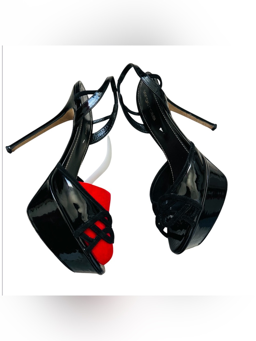 Sergio Rossi Black Patent Platform Sandals with Red Toe